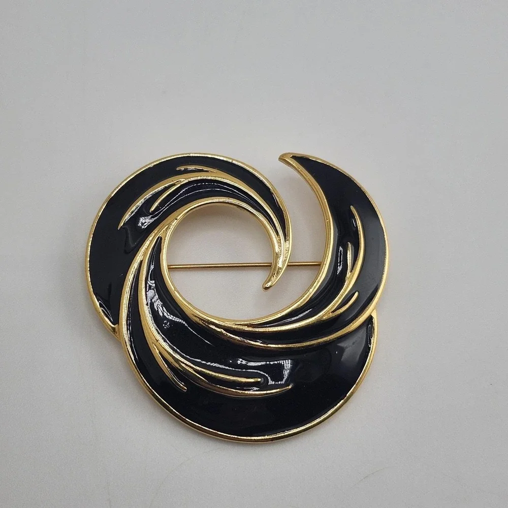 Monet Vintage Abstract Pin Brooch Black Enamel Gold Chunky Signed 1980s Vintage